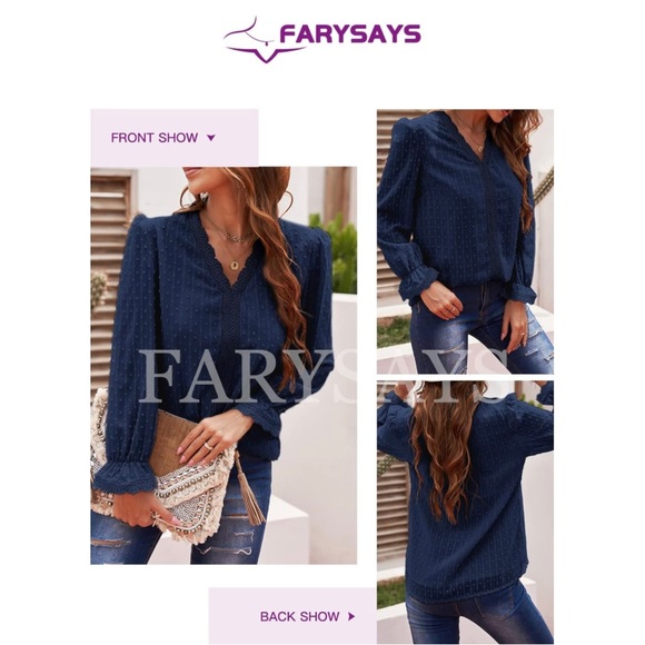 FARYSAYS Womens Long Sleeve Lace Top V Neck Polka Dot Blouses Shirts Flowy Tunic - Picture 2 of 10